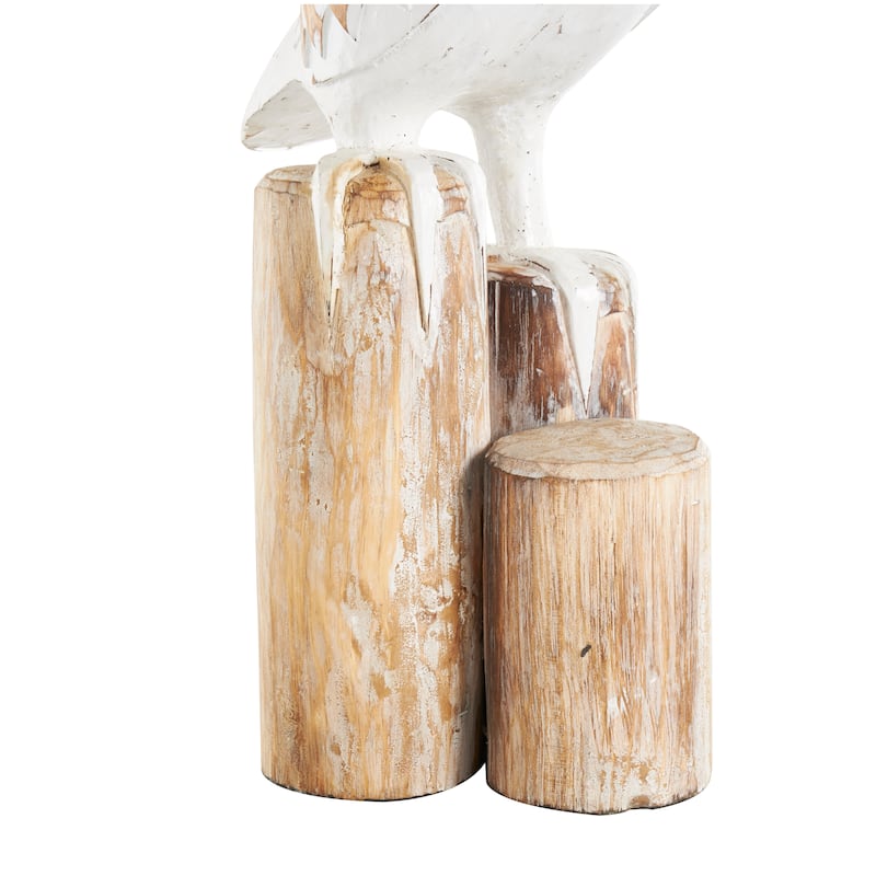 White Wood Handmade Distressed Pelican Decorative Sculpture with 3 Brown Posts