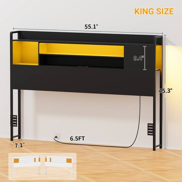Storage Headboards with Drawers, Head board with Power Outlet and LED Light for Bed Frame