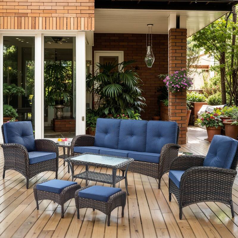 Outdoor Sofa Chair with Ottmans Coffee Table -Blue - Brown - Brown - Blue