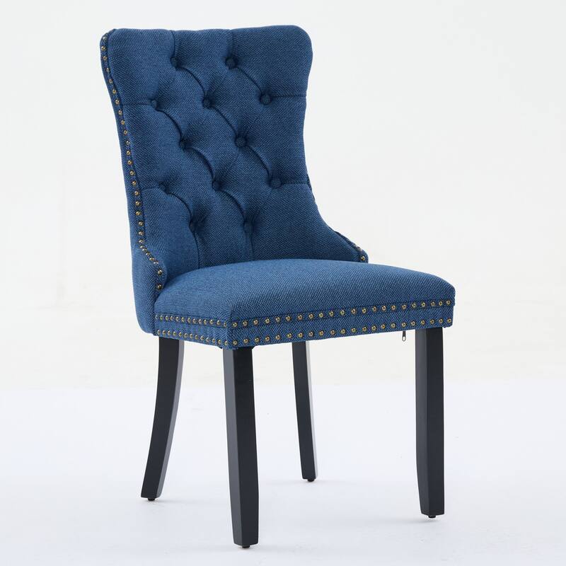 Set of 2 Linen Upholstered Dining Chair with Wood Legs, Nailhead Trim