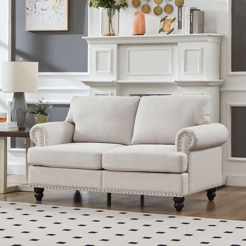 Fabric Upholstered Deep Seat Loveseat Sofa with Hidden Storage, Round Armrests with Silver Nailhead Trim, Lounge Couch