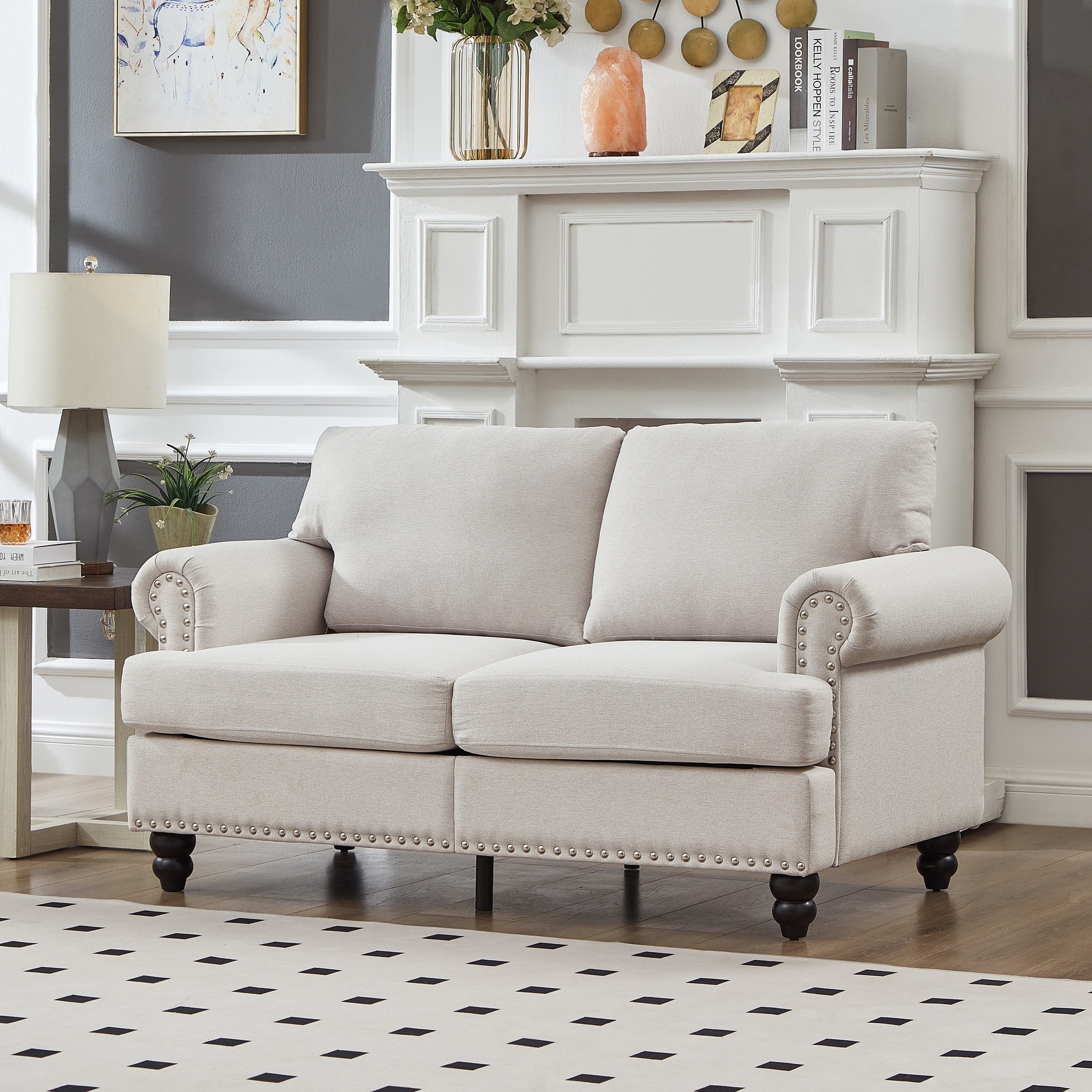 Traditional Loveseat Sofa with Round Armrests, 2 Seat Sofa Couch with Nailhead Trim and Removable Cushion