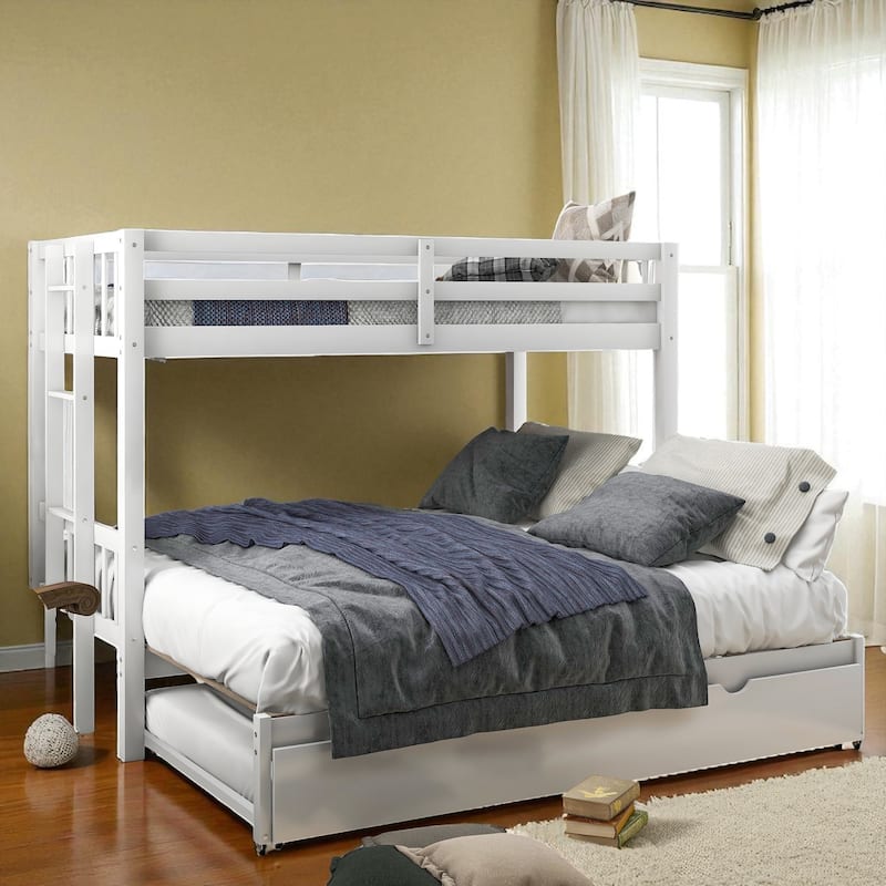 Twin Over Twin Pull-Out Bunk Bed with Trundle, Convertible 4 Beds, Solid Wood Frame with Guardrails and Ladder
