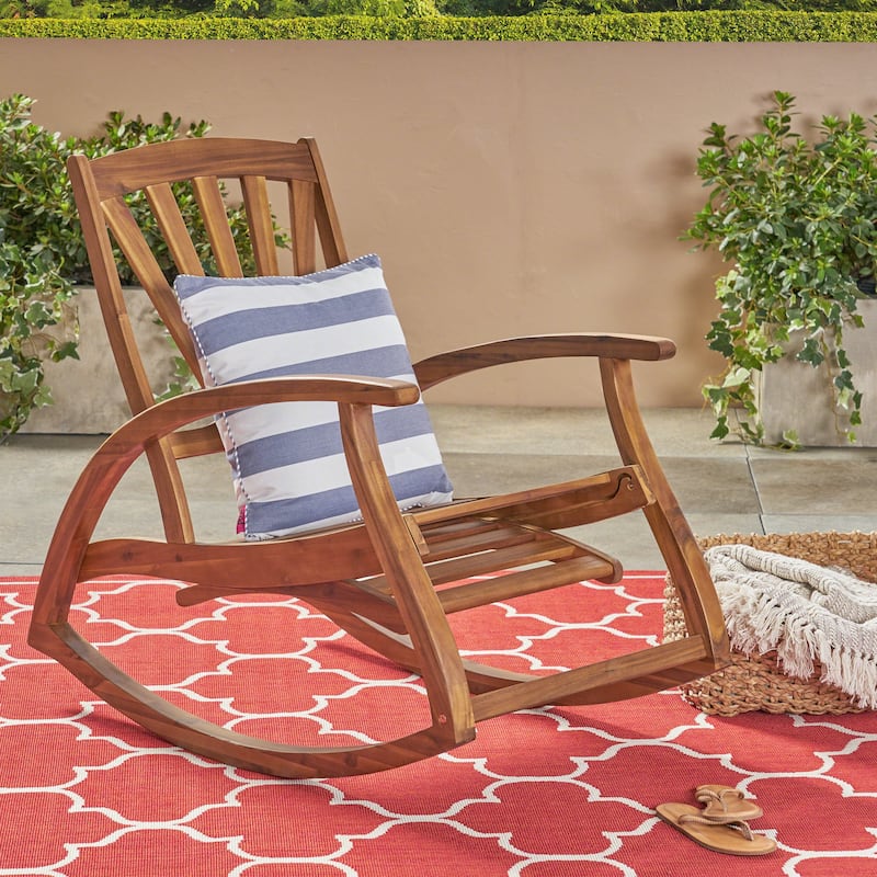 Roomfitters Outdoor Wooden Rocking Chair with Slatted Back and Ergonomic Armrests, Classic Curved Base Design