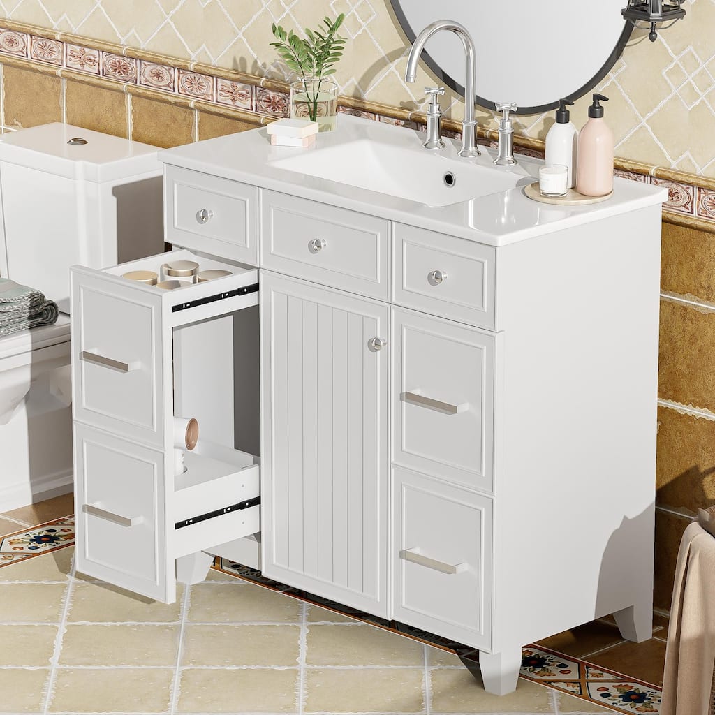 Multifunctional Adjustable Storage Cabinet Bathroom Vanity with 3 Drawers, Side Double Layer Drawer with Hairdryer Storage