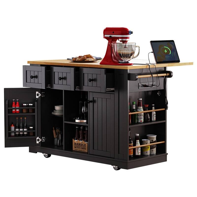 3-Piece/1 Piece Kitchen Island Set with/without 2 Bar Stools, Kitchen Cart on Wheels with 3 Drawers, Drop Leaf & Open Side Racks