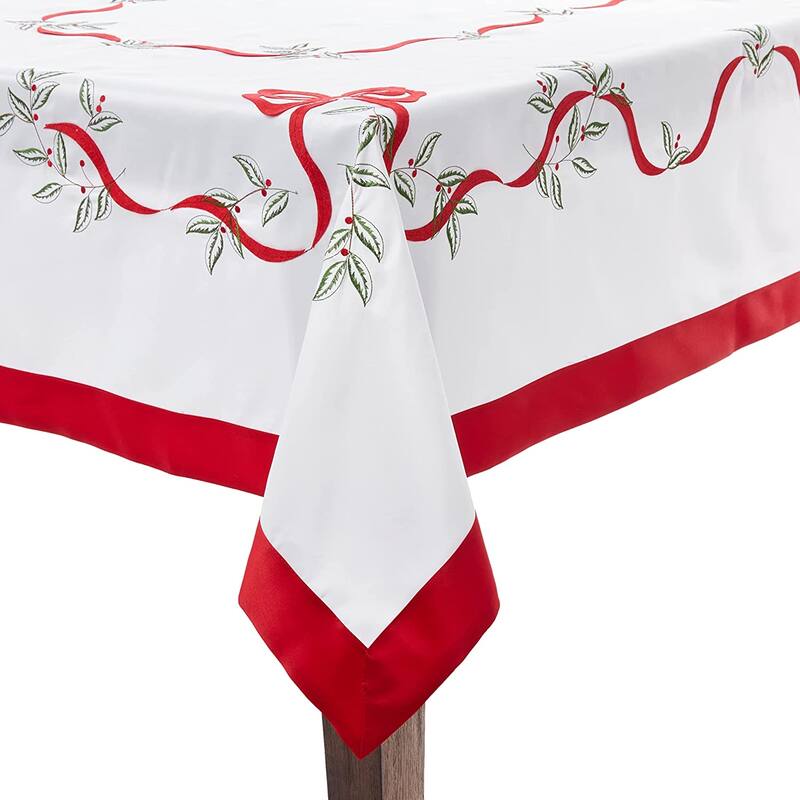 Violet Linen Christmas Holly Leaves Poinsettia Ribbon Bows Pattern - 70" X 120"