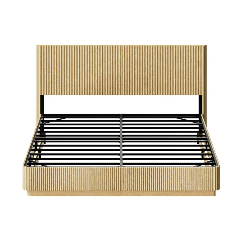 Low Profile Bed Frame with High Headboard, LED Light Strip Under Bed, Wooden Corrugated Curved Platform Bed, Metal Frame Support