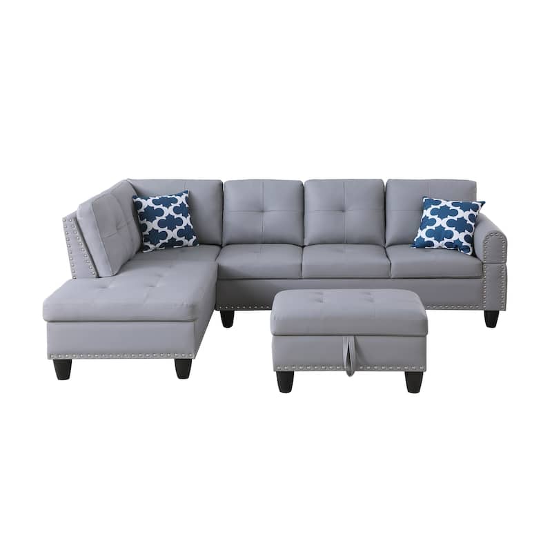 HOMEFUN Linen/Leather Upholstered L-Shaped 4-seater Multifunctional Sectional Sofa with Storage Ottoman,Cup Holder