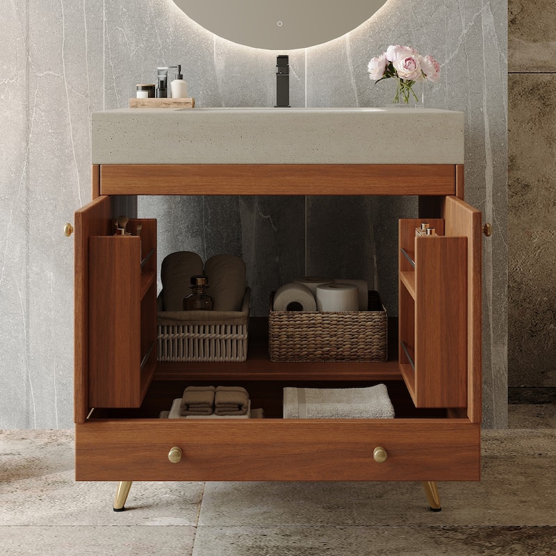 Free-standing Bathroom Vanity with Faux Marble Top & Ceramic Sink, 30" Double Door Storage Cabinet, Waterproof Engineered Wood