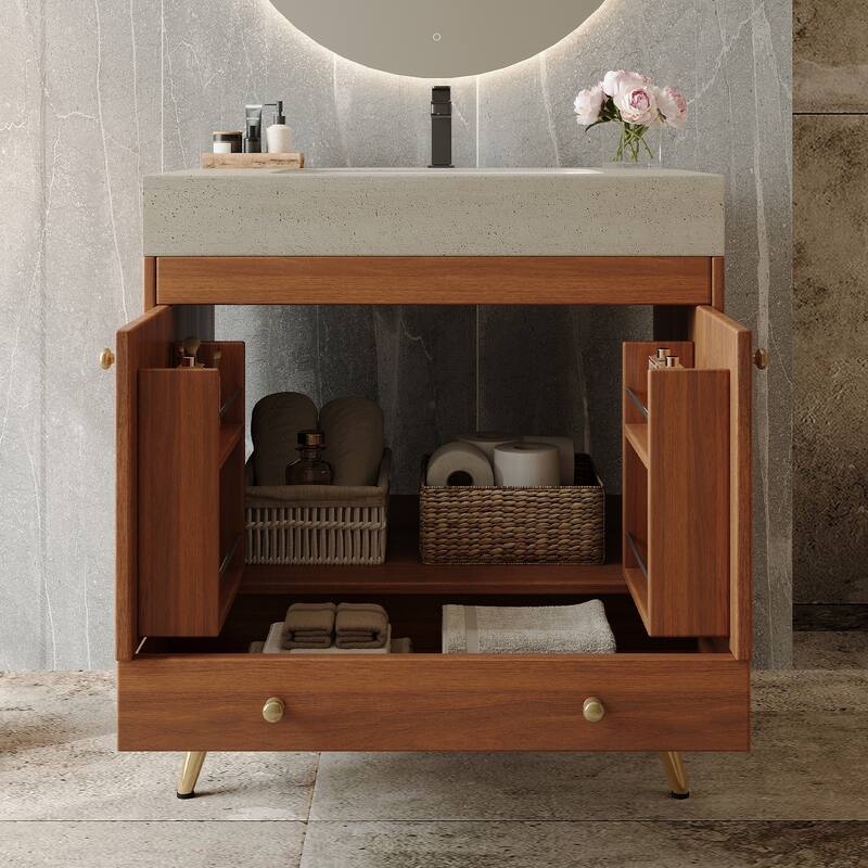 Mid-Century 30" Freestanding Bathroom Vanity with Faux Marble Top, Ceramic Sink & Gold Legs Cabinet