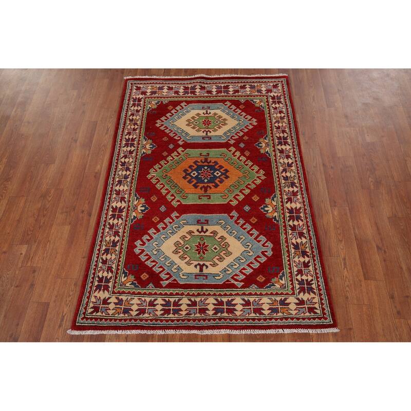 Red Geometric Kazak Foyer Rug Handmade Traditional Wool Carpet - 3'4" x 4'10"