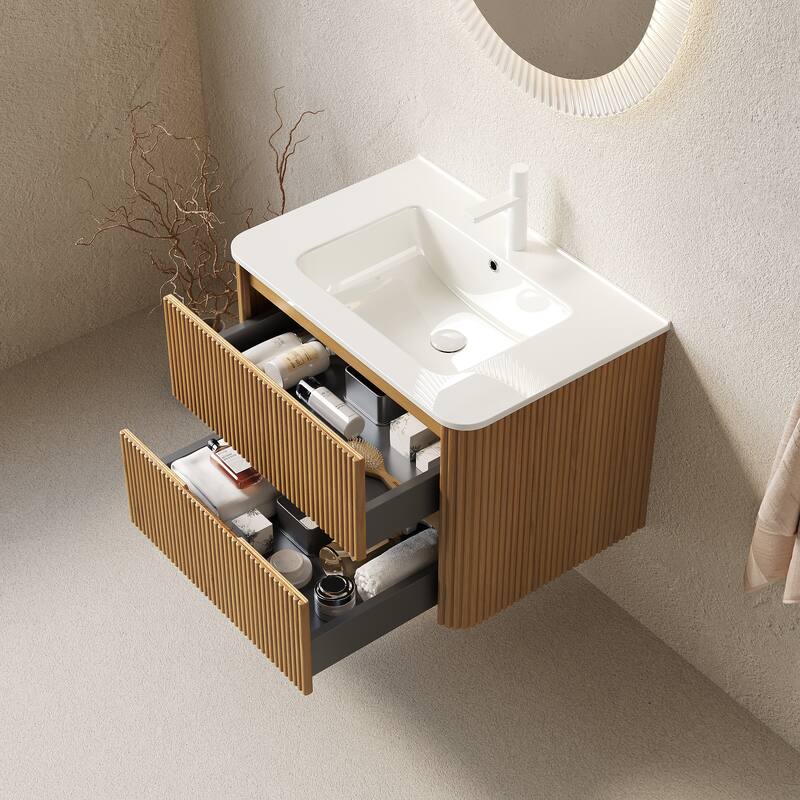 Wall-Mounted Bathroom Vanity in Walnut with Integrated White Ceramic Sink