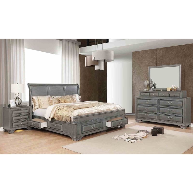 Transitional Gray Finish Bedroom Set Bed with Storage USB Ports Nightstand