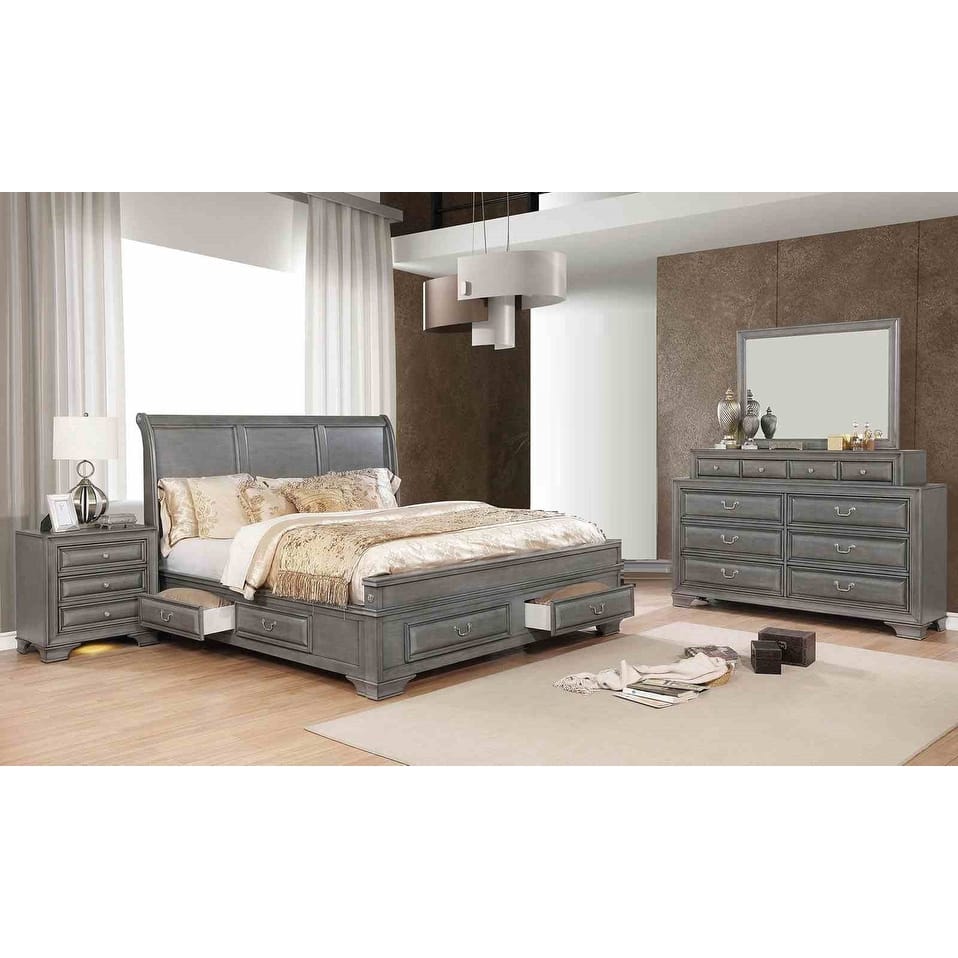 Transitional Gray Finish Bedroom Set Bed with Storage USB Ports Nightstand