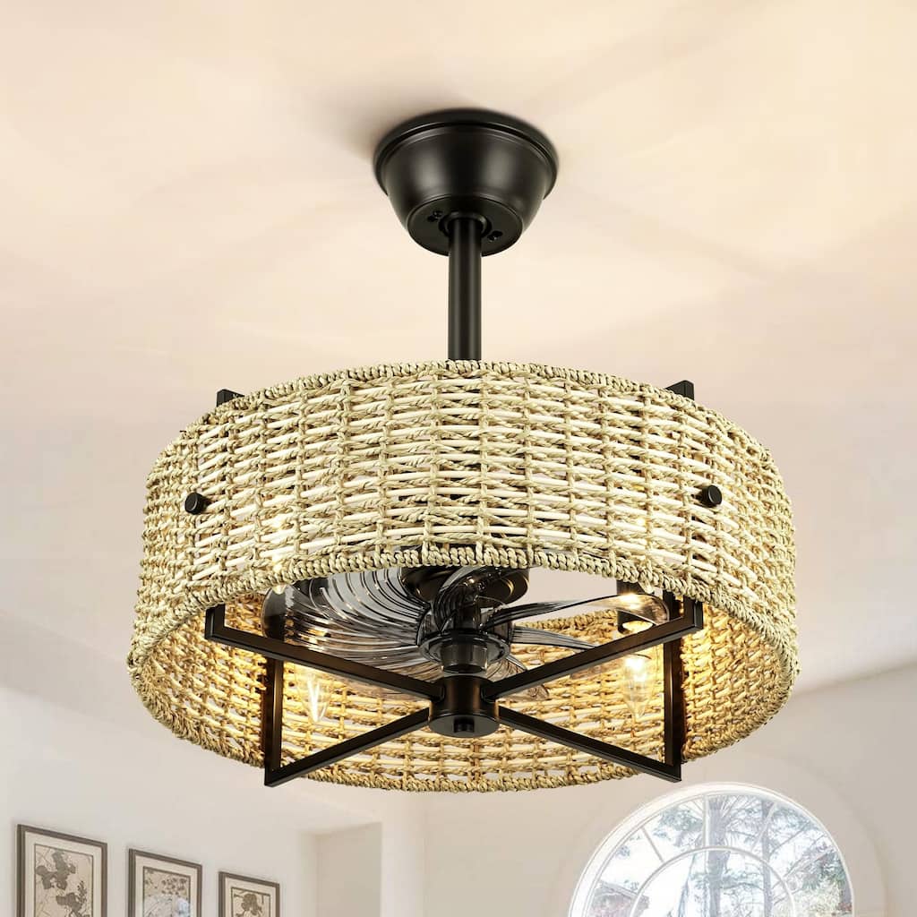 4-Light Traditional Boho Cylinder Drum Woven Rattan and Bamboo Ceiling Fan - 19.3 in. W x 8.3 in. H