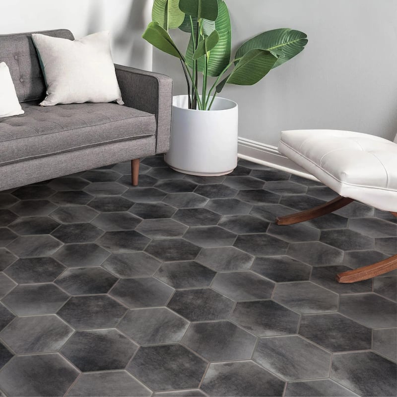 Merola Tile Industrial Hex Black 8-1/2" x 9-7/8" Porcelain Floor and Wall Tile - Case (9 Tiles)