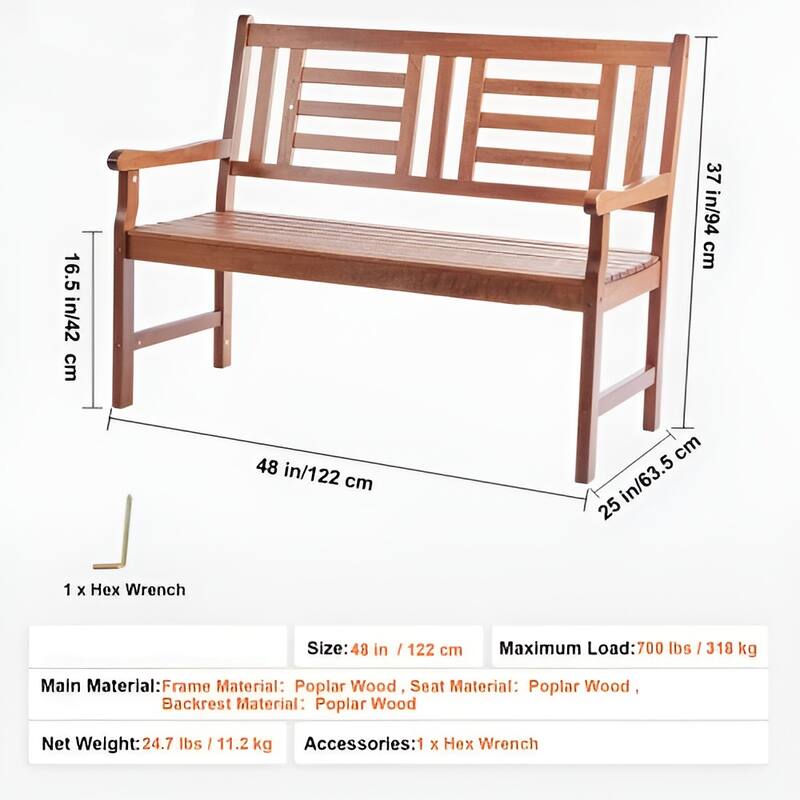 48" Natural Wood Bench for Garden, Patio or Porch Sturdy 3-Seater Outdoor Furniture with Backrest - 25” L x 48” W x 37” H