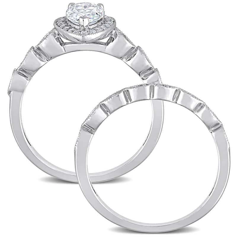Miadora 1 1/6ct DEW Pear-cut Moissanite Halo Teardrop Bridal Ring Set in Sterling Silver
