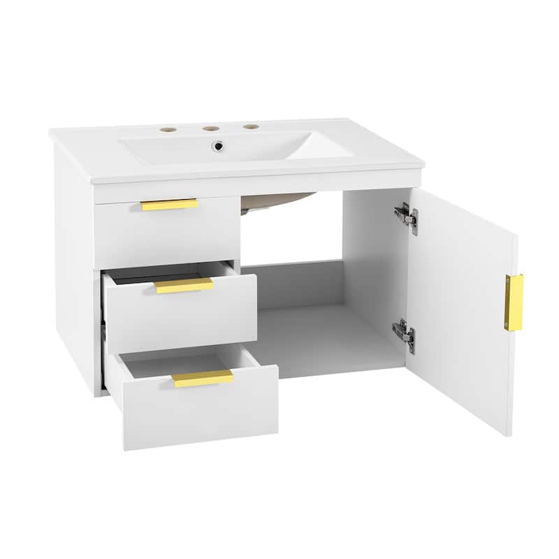 30" Wall Mounted Bathroom Cabinet with Integrated White Ceramic Sink - 30'' x 18.4'' x 20''