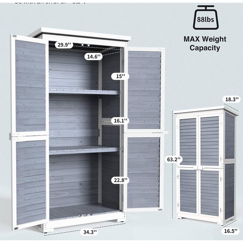 Outdoor Storage Cabinet with 3 Shelves, Outside Vertical Tall Tool Shed Double Lockable Wooden Garden Shed with Waterproof Roof