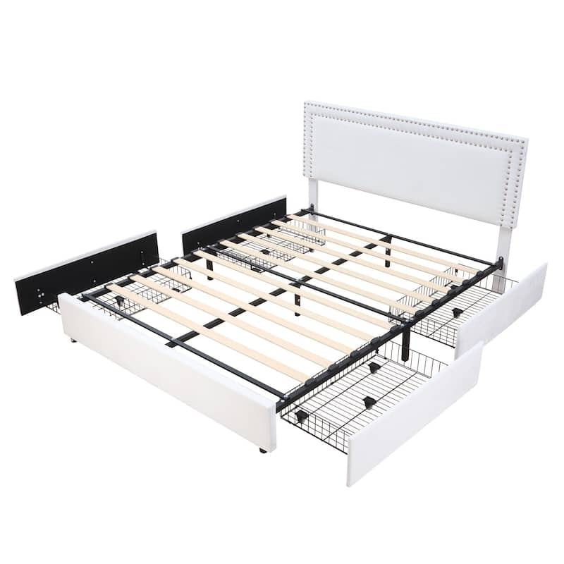 VECELO Upholstered Storage Bed Frames with 4 Storage Drawers, Platform Bed Frame with Adjustable Velvet Rivets Headboard