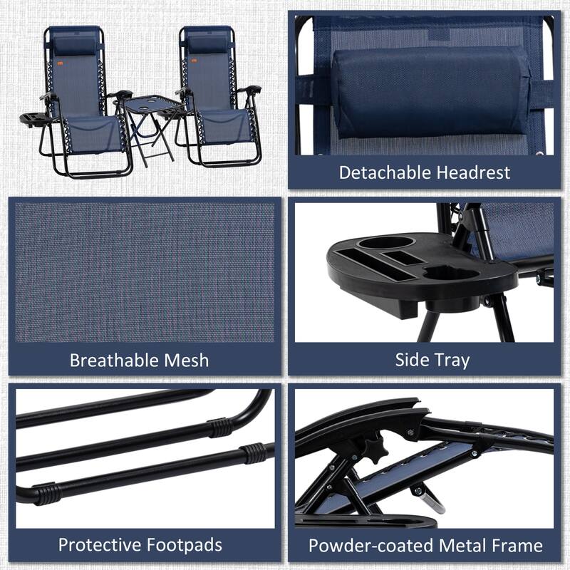 3-Piece Folding Outdoor Zero Gravity Lounge Chair Set with Side Table, Folding Chairs with Cupholders & Pillows
