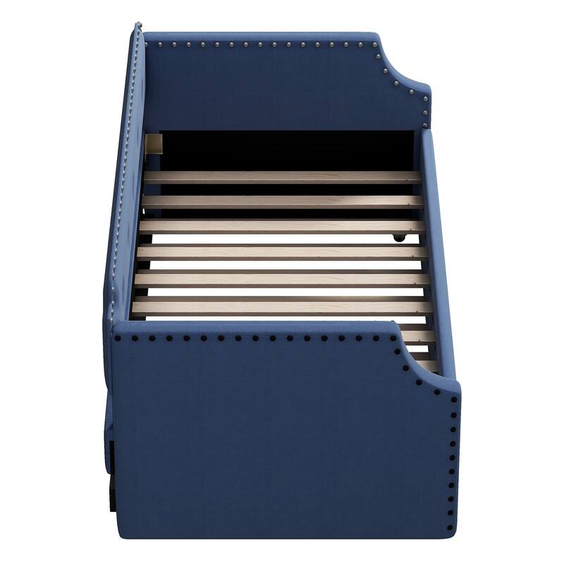 Blue Twin Upholstered Daybed with Trundle, Wood Slat Support, Sofa Bed
