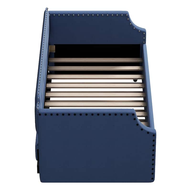 Upholstered Daybed With Trundle, Wood Slat Support,Upholstered Frame Sofa Bed