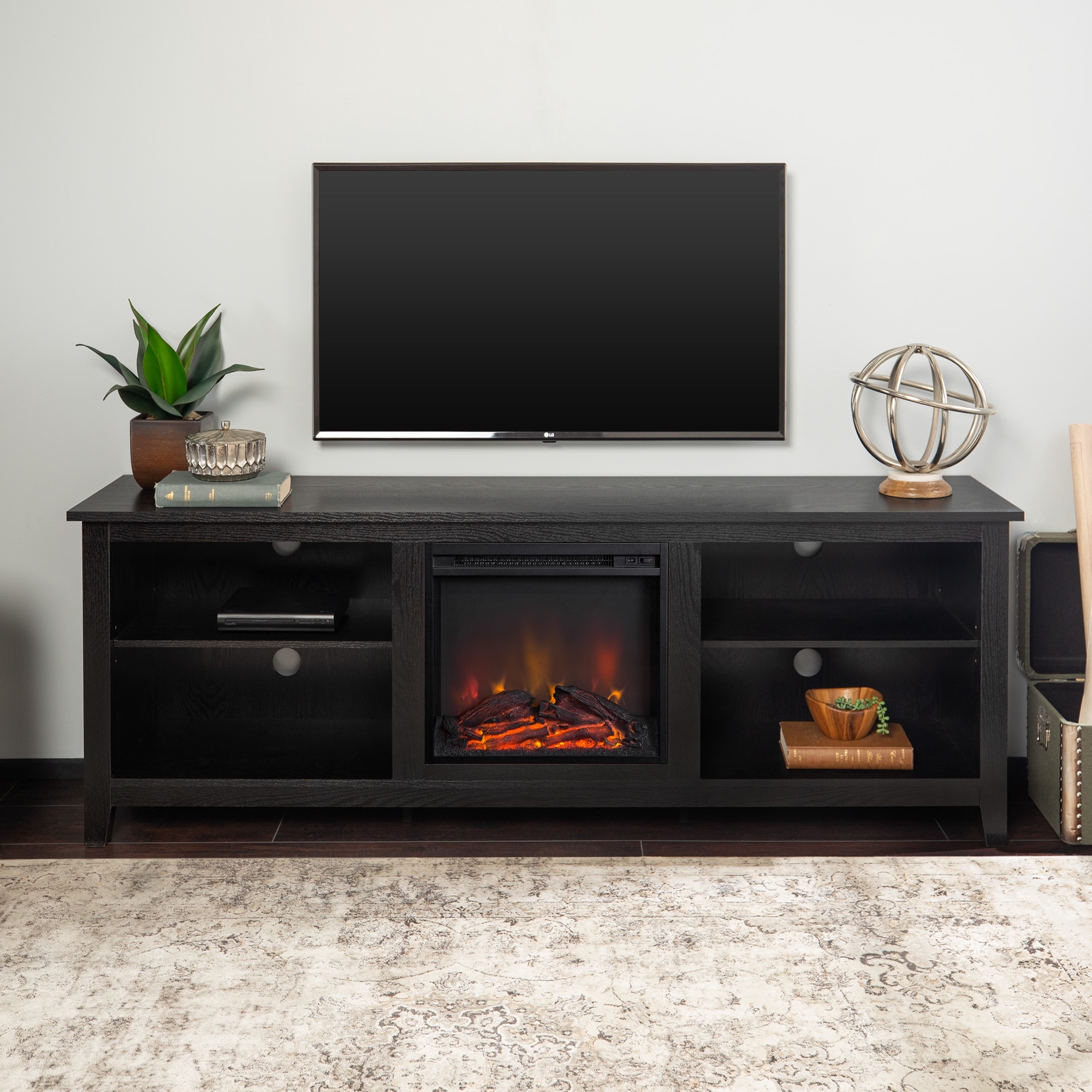 70 inch Black Fireplace TV Stand with Adjustable Shelving   On 