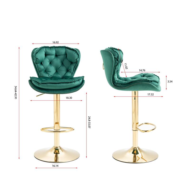 Set of 2 Adjustable Swivel Bar Stools, Green Velvet with Chrome Footrest & Gold Legs