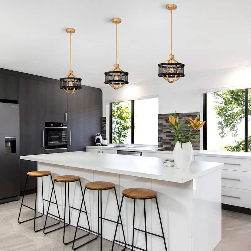 Lorelei Matte Black+Gold 1-Light Metal Drum Shade Pendant Light