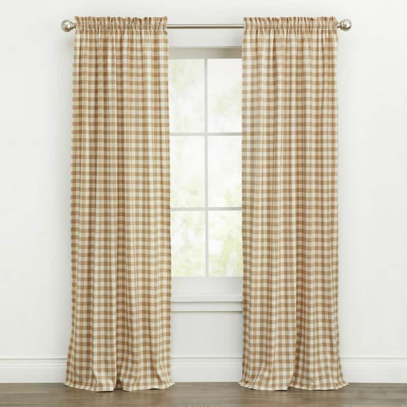 Kate Aurora Country Farmhouse Buffalo Check Plaid Gingham Window Curtains - Linen - 42 in. W x 63 in.