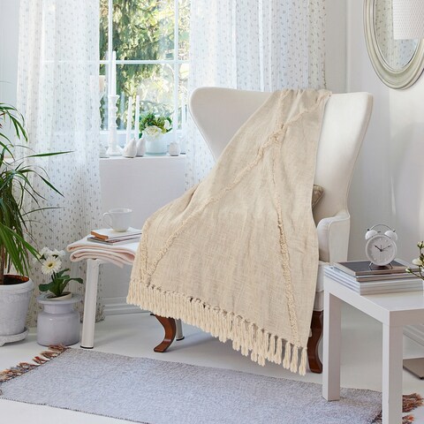 Tufted Diamond Fringed Cotton Throw Blanket by LR Home