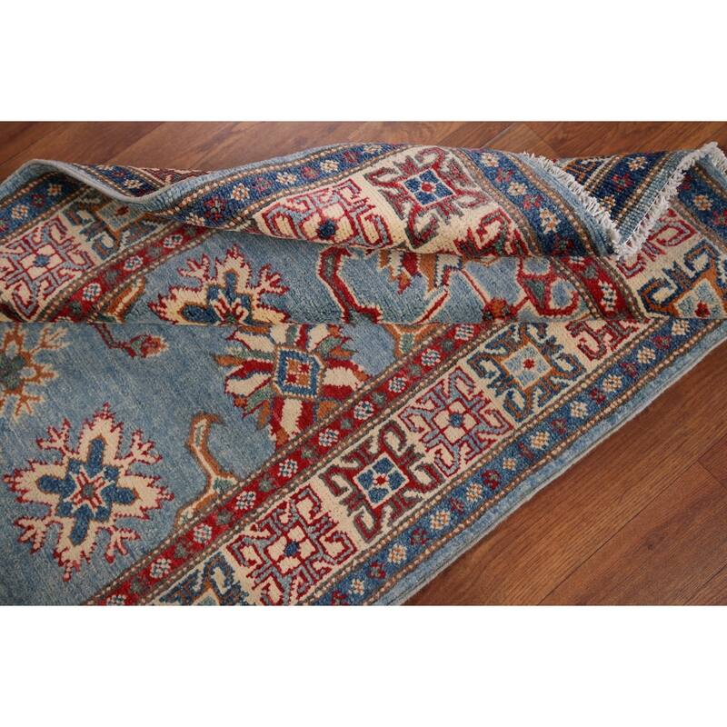 Light Blue Geometric Kazak Accent Rug Hand-Knotted Wool Carpet - 2'11" x 4'11"