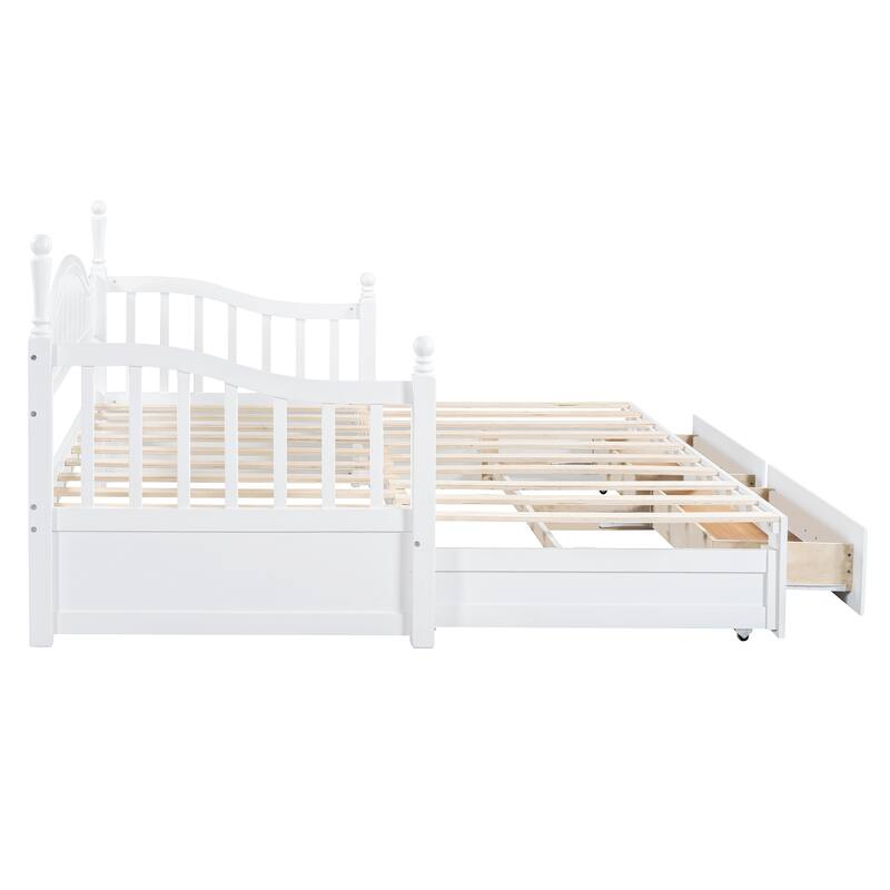 Wooden Twin Size Daybed with Twin Size Trundle, Extendable Daybed with Two Storage Drawers