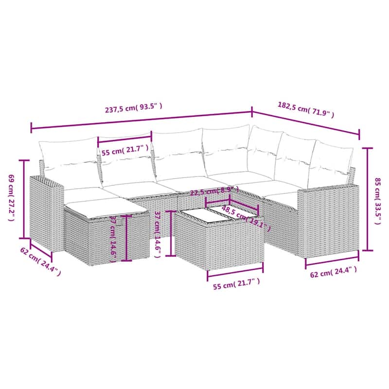 vidaXL Patio Sofa Set with Cushions Outdoor Conversation Furniture Poly Rattan - 24.4" x 24.4" x 27.2"