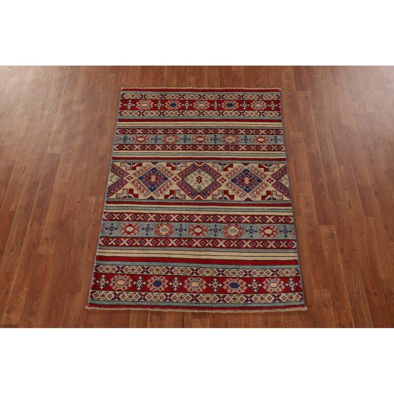 All-Over Geometric Kazak Oriental Accent Rug Hand-Knotted Wool Carpet - 3'5"x 4'10"