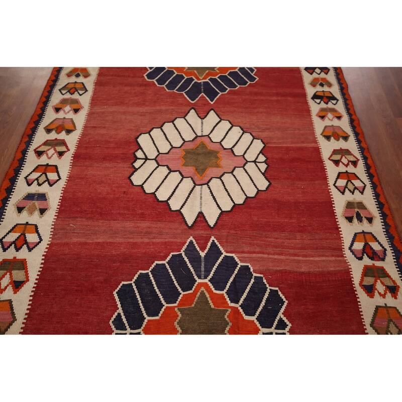 Kilim Qashqai Persian Vintage Rug Flatweave Red Tribal Wool Carpet - 5'2"x 8'0"
