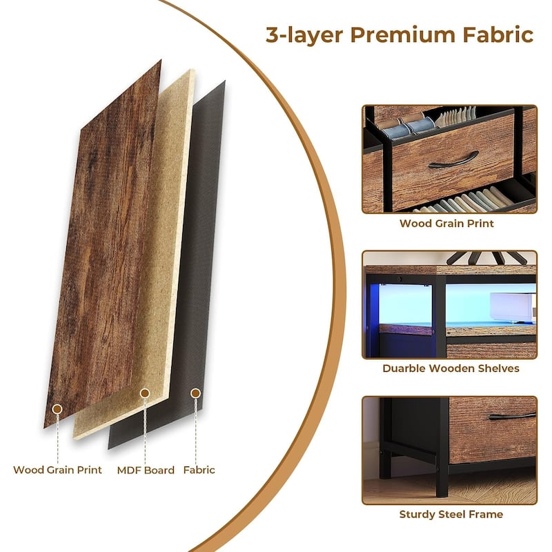 TV Stand Dresser for Bedroom LED Lights Charging Station Fabric Drawers