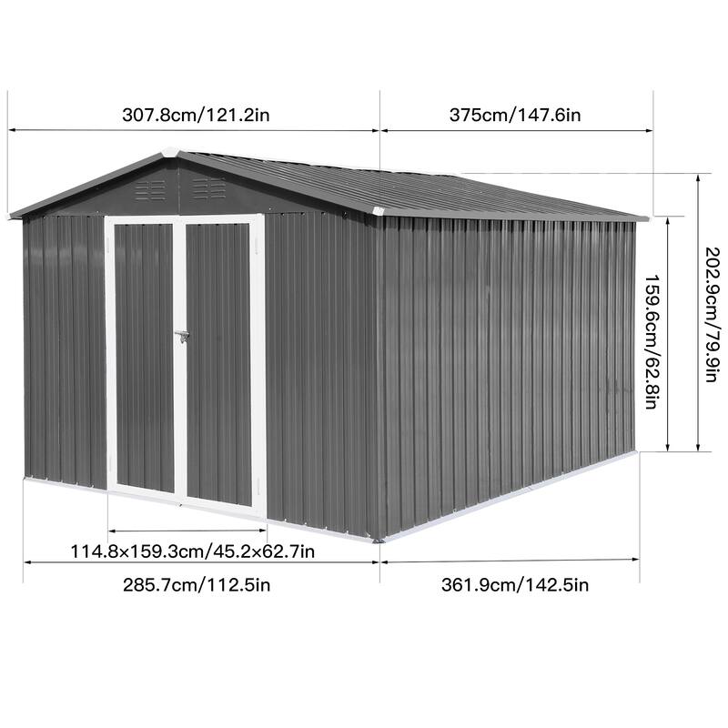 Large Garden Shed Galvanized Steel Storage Shed Tool Shed with Double Doors & Punched Vents, Weatherproof