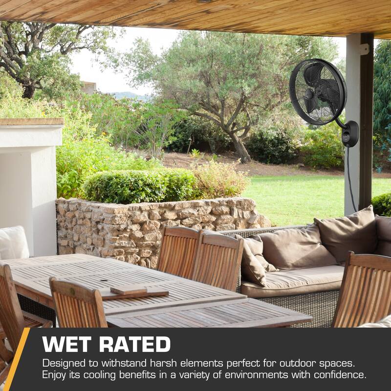 18" Mule Matte Black Outdoor Wet-Rated Oscillating Wall Fan with Remote, 3-Speed AC Motor - 18 Inches
