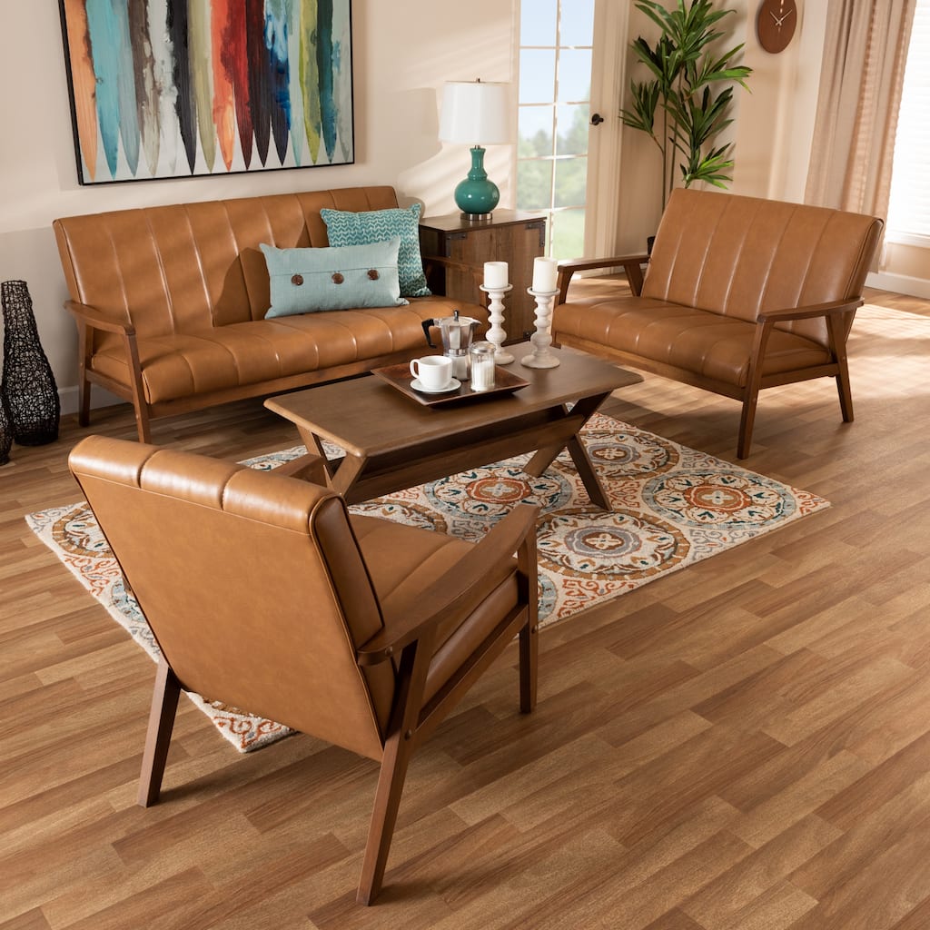 Nikko Tan Faux Leather and Walnut finished Wood 3PC Living Room Set