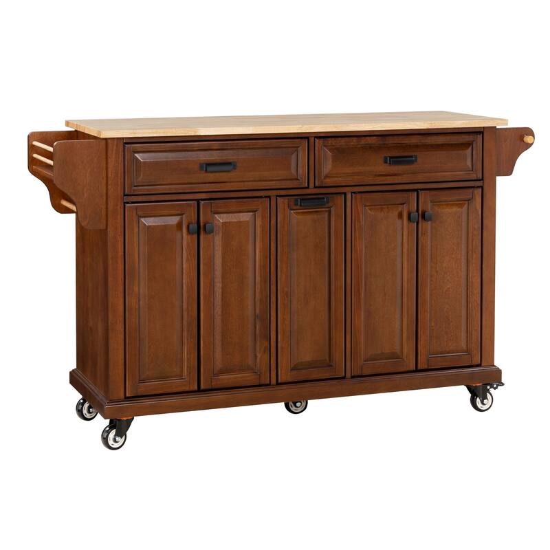 Kitchen Island with Rubber Wood Top, Portable Island Cart on Wheels, Rolling Cart with 2 Drawers & Adjustable Shelves