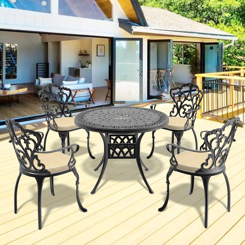 3/5-Piece Cast Aluminum Outdoor Dining Set with 35.43 in. Round Table and Random Color Cushions
