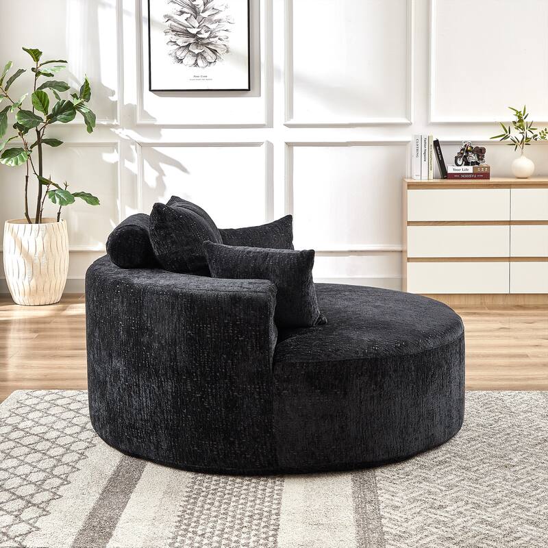 Black Modern 55" Round Chenille Sponge Single Sleeper Sofa with Backrest Pillow for Living Room
