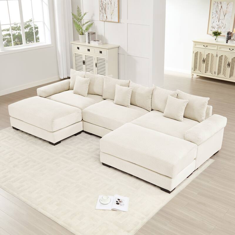 GDFStudio - Corduroy U-Shaped 3-Seater 130" Cloud Modular Sectional Couch with 2 Ottomans - Cream