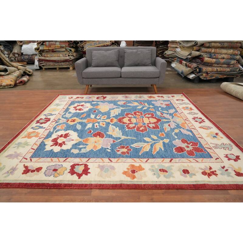 Hand Knotted Oriental 100% Wool Carpet Transitional Floral Navy Blue & Blues Oushak Area Rug - 7' 11'' X 8' 0''