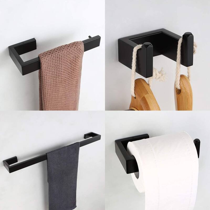 Interbath 4-Piece Bath Hardware Set with Towel Bar, Robe hook, Toilet Paper Holder and hand towel holder - Matte Black