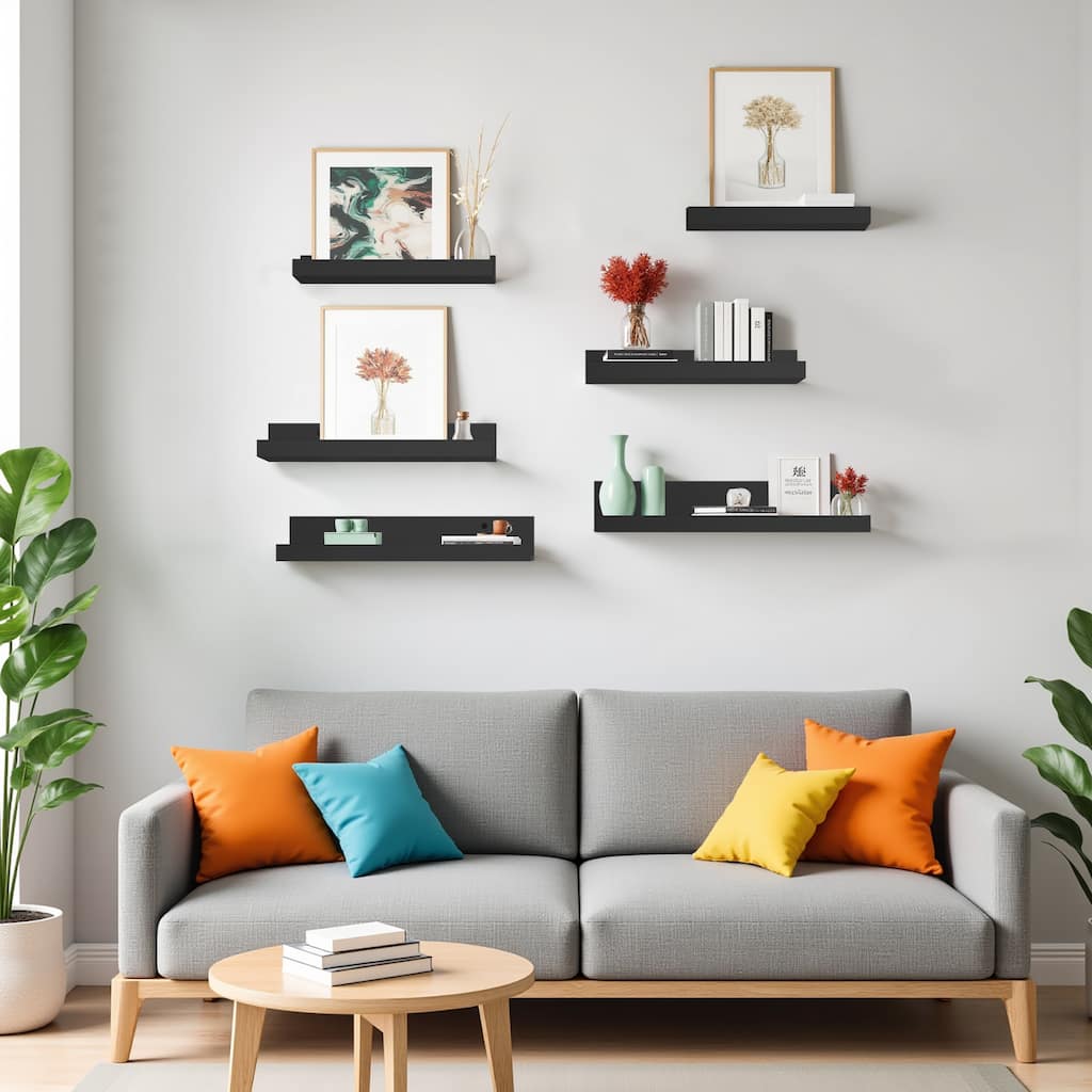 Homy Casa U-Shaped Wall-Mounted Floating Shelf Set of 6, Black Brown